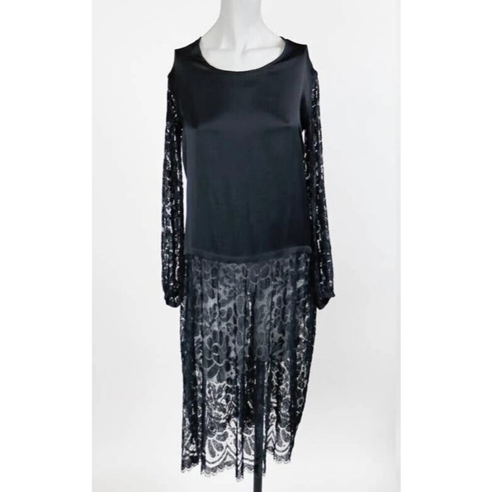 Vintage Antique 1920s 20s Black Silk and Lace Flapper Tunic Dress XS S